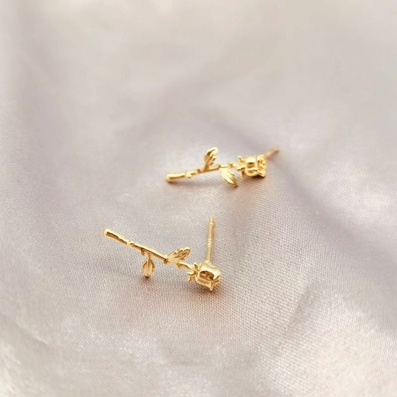 Sterling Silver Gold Toned Rose and Stem Flower Earrings - Picture 3 of 5